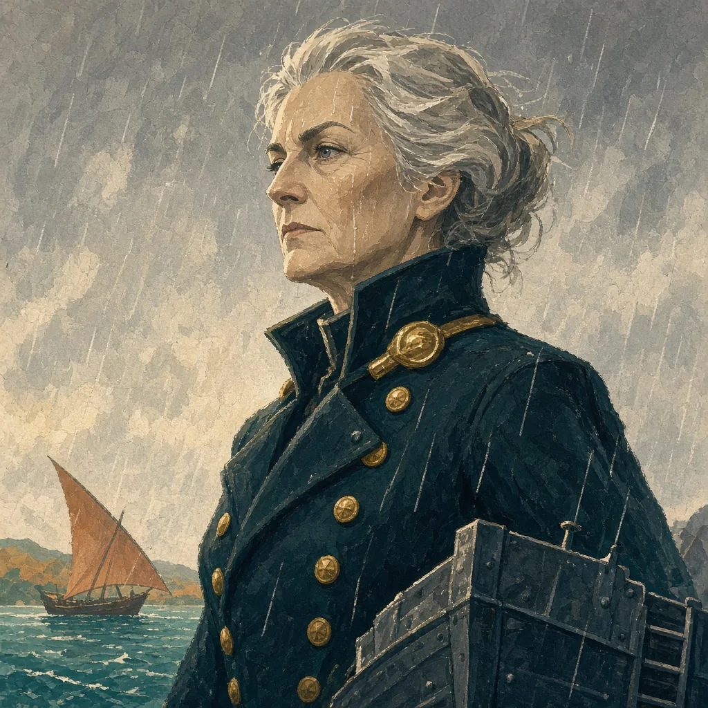 Admiral Ysolde Crane, a severe silver-haired woman in a dark navy greatcoat, rain on her face.