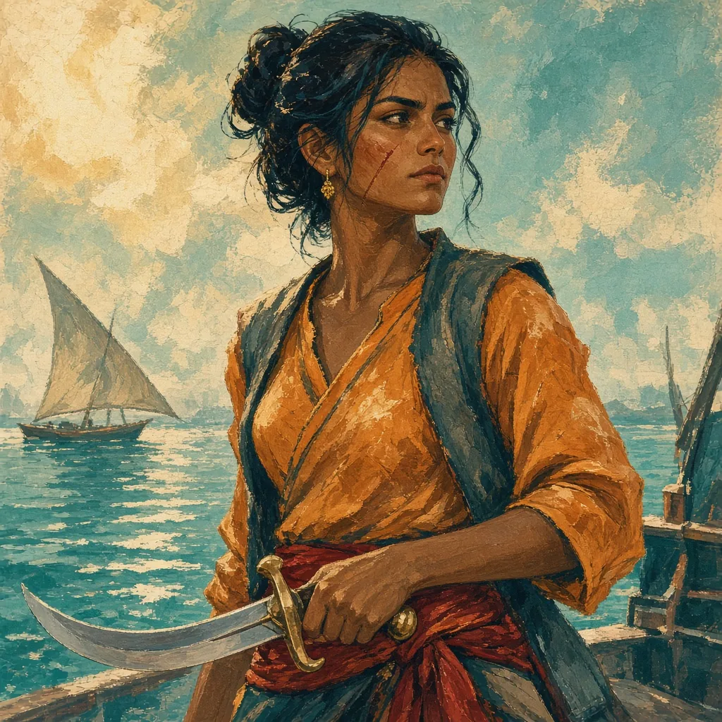 Juno Talwar, a lean swordswoman with a curved saber and a crimson sash.
