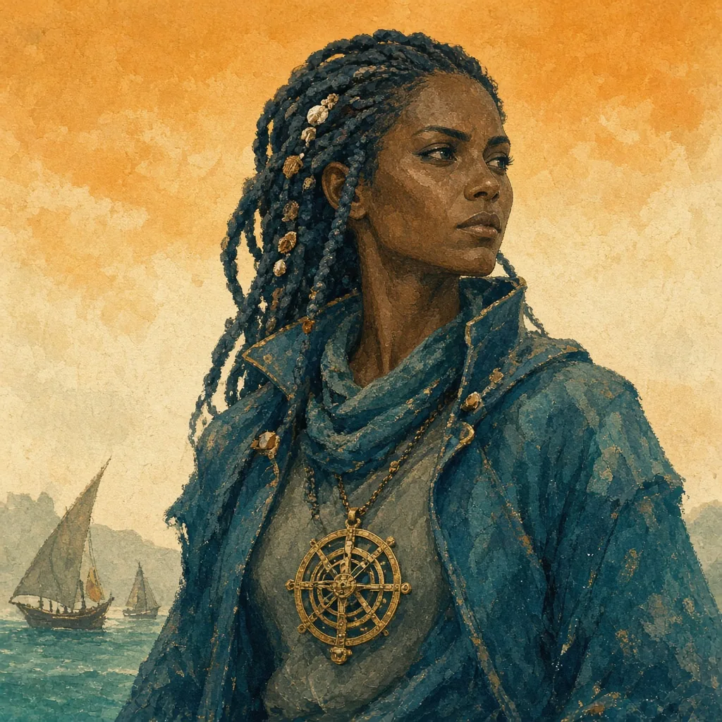 Sefa Marrow, a wiry woman in a salt-crusted indigo coat with a brass astrolabe on a chain.