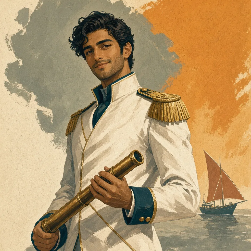 Tavi Sund, a young navigator in an immaculate white Guild uniform with gold epaulettes.