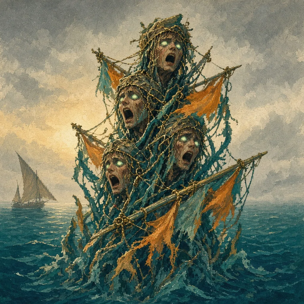 The Drowned Choir, a swirling column of drowned sailors fused with seaweed and rigging, with glowing green eyes.