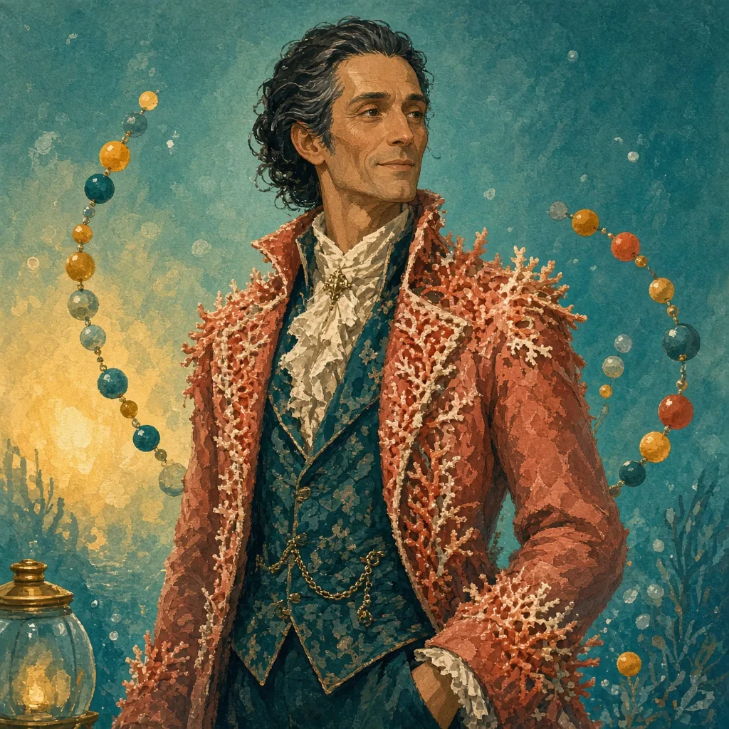 Calloway Vane, the Factor, a gaunt man in a coral-encrusted frock coat with abacus beads floating around him.