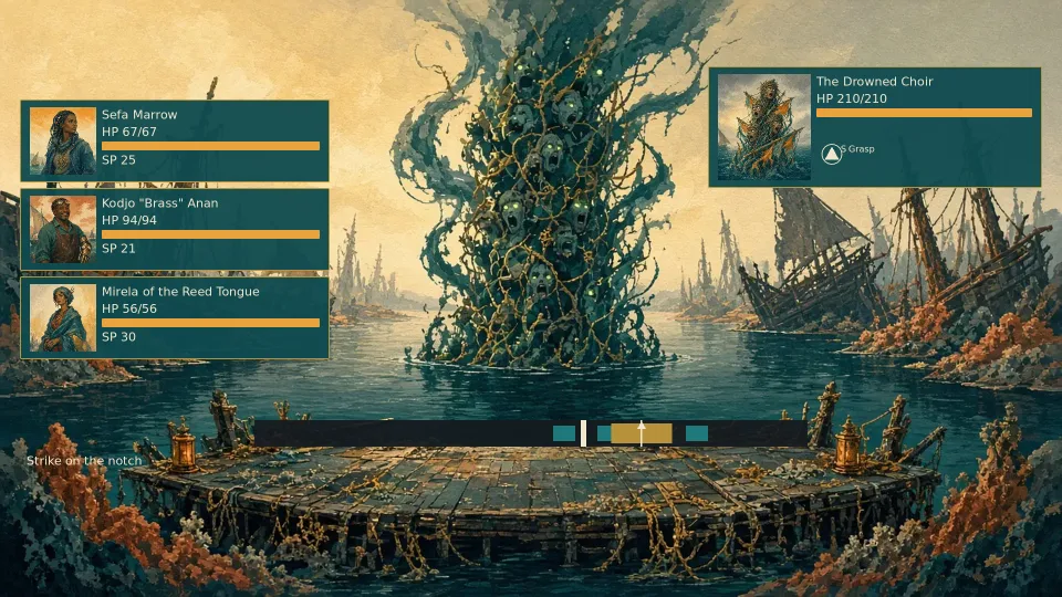 Boss battle against the Drowned Choir, a towering column of drowned faces in a wrecked lagoon. Mirela's Chorus Break is in play and the timing bar asks you to strike on the notch.