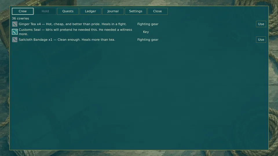The journal's hold page: cowries and items such as Ginger Tea, the Customs Seal and a Sailcloth Bandage, each with a description and a Use button.