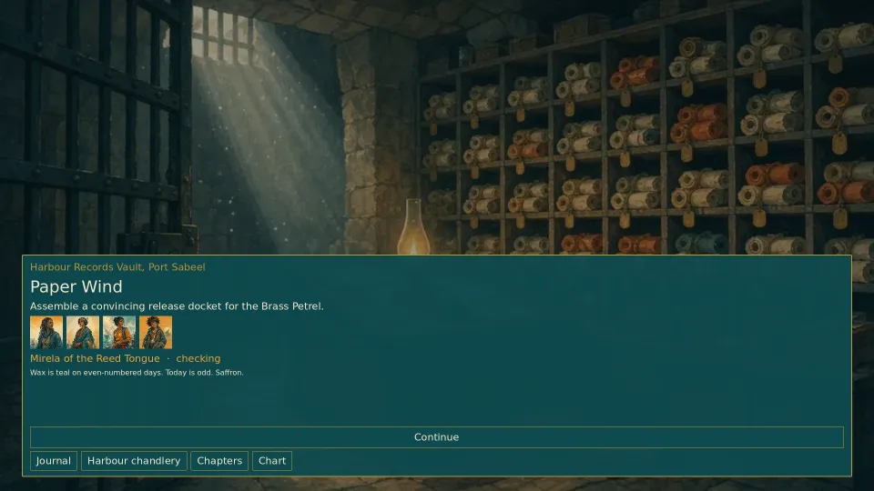 Puzzle beat in the Harbour Records Vault: shelves of sealed scrolls in a shaft of light while Mirela checks the details of a forged Guild docket.