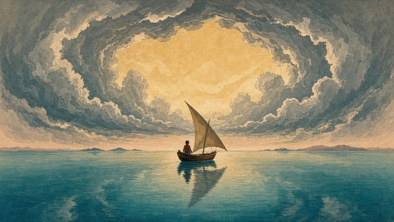 A mirror-calm sea at the centre of a towering wall of frozen storm cloud.