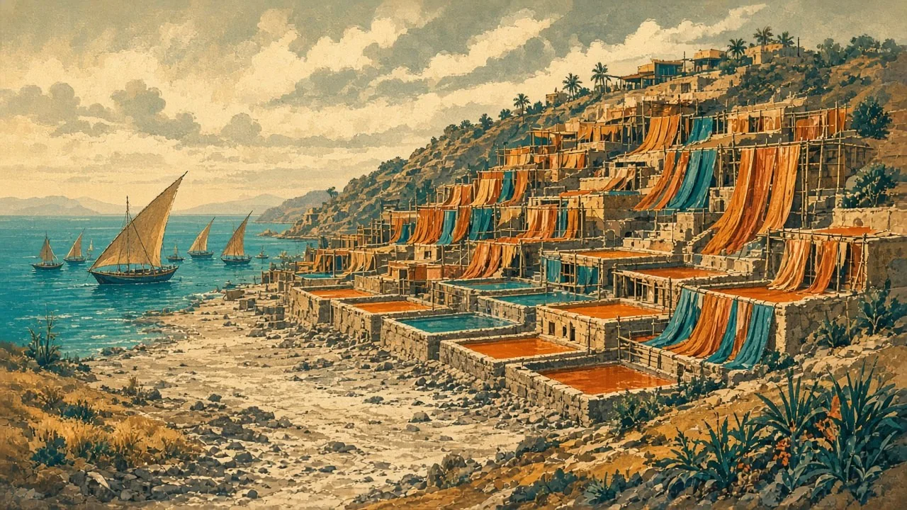 Stepped saffron dye terraces climbing a dry hillside.