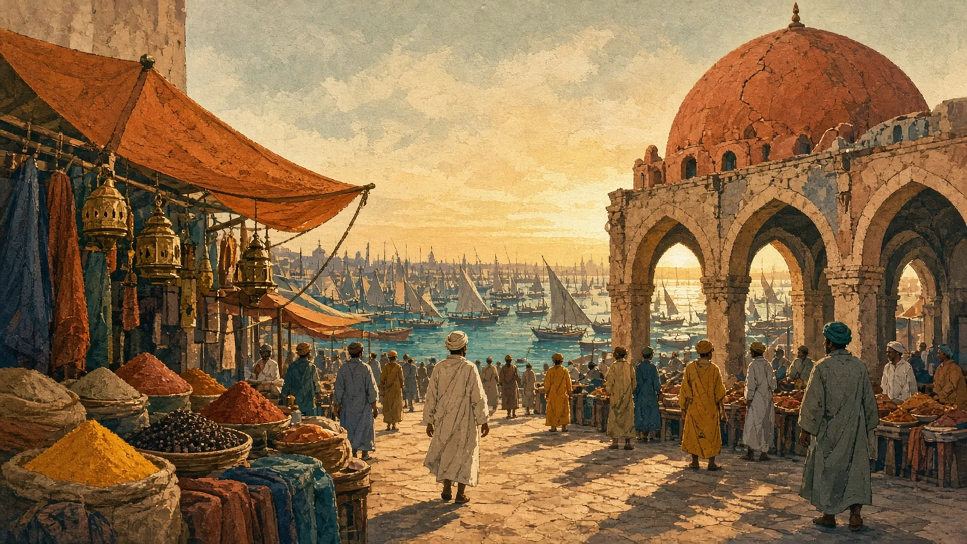 A spice market at golden hour under a cracked terracotta dome, hundreds of limp sails in the harbour beyond.