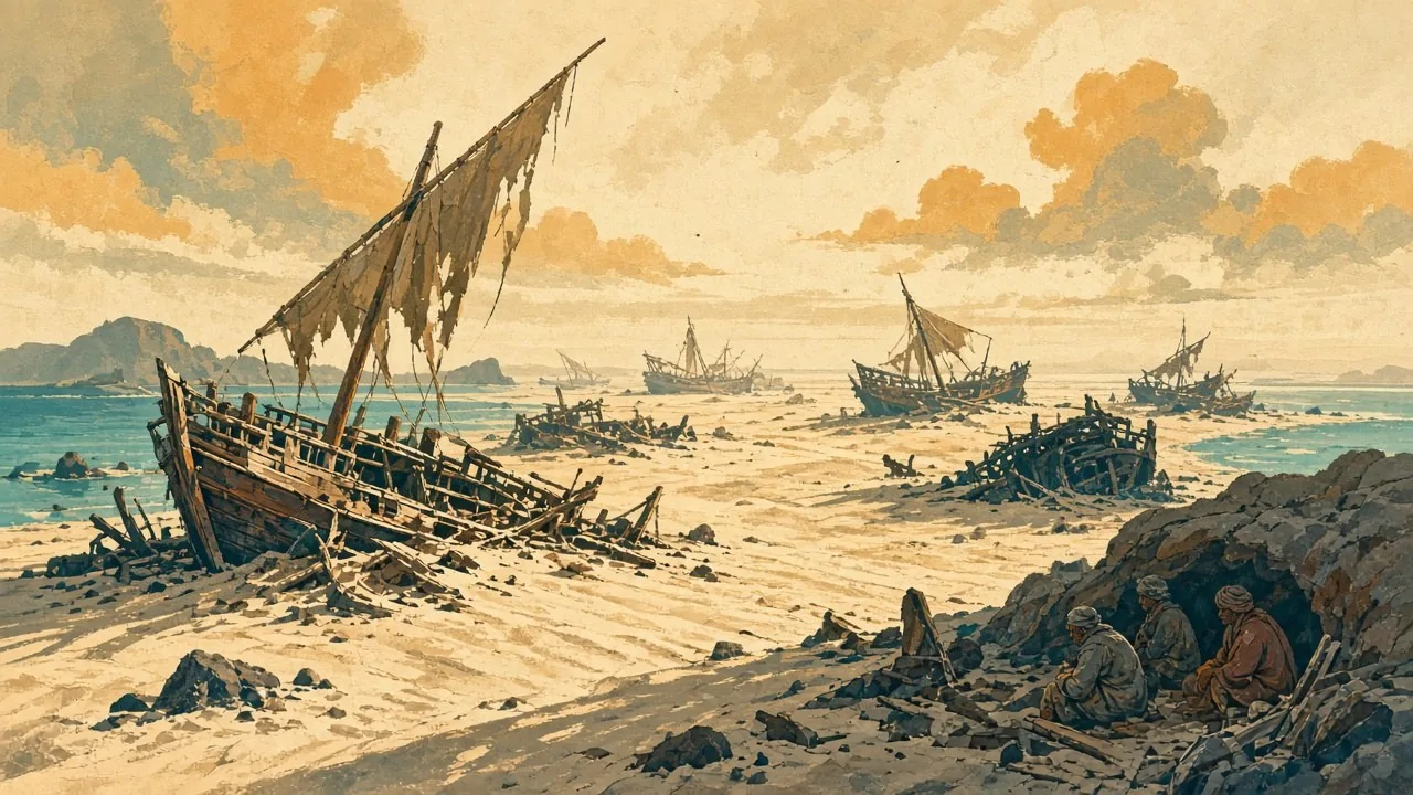 A graveyard of wrecked ships beached in shallow water.