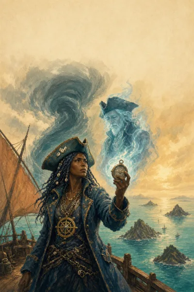Vertical capsule art: Sefa holds up a brass compass as Old Hesper's lamplight ghost rises from it, a storm column behind.
