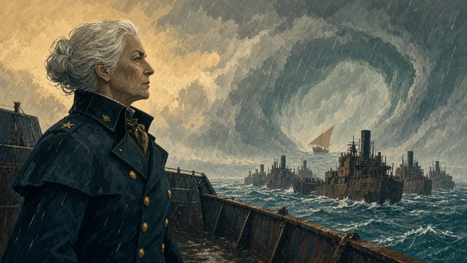 A silver-haired admiral in a navy greatcoat stands on an ironclad's deck in the rain, a line of smoking warships blocking a lone sail before a spiralling storm.