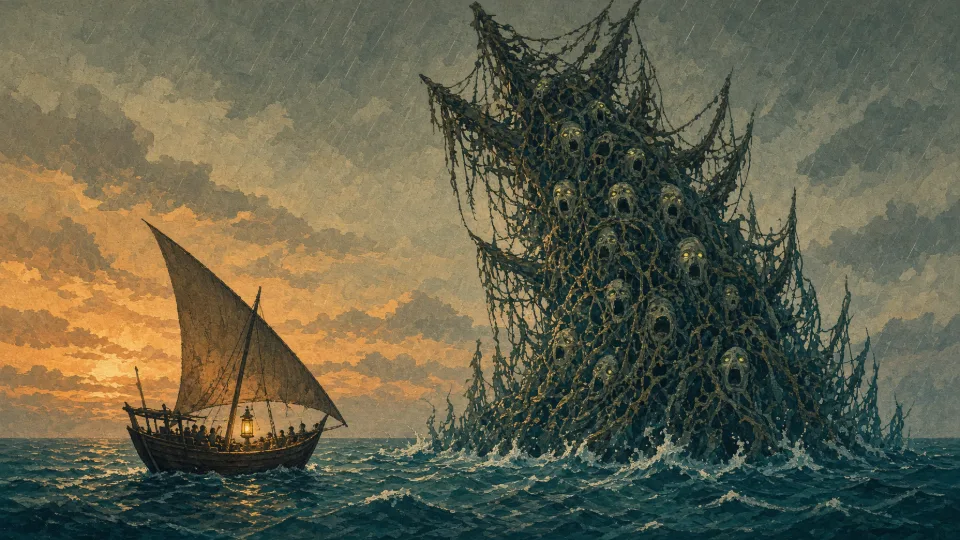 A small lateen-sailed boat in a rough sea at sunset, facing a towering mass of netting and rigging studded with drowned, singing faces.
