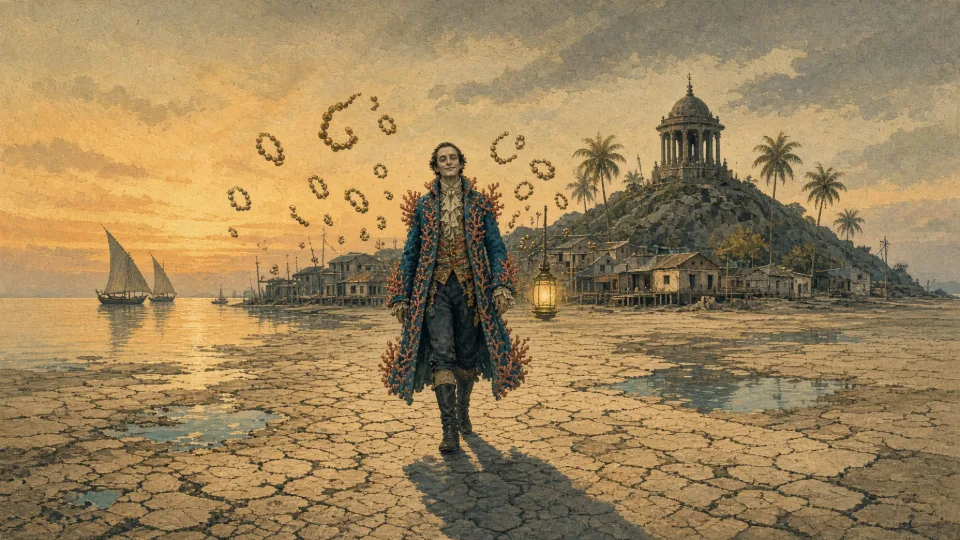 A smiling man in a coral-encrusted frock coat walks across cracked, dried tidal flats at dusk, abacus beads floating around him.