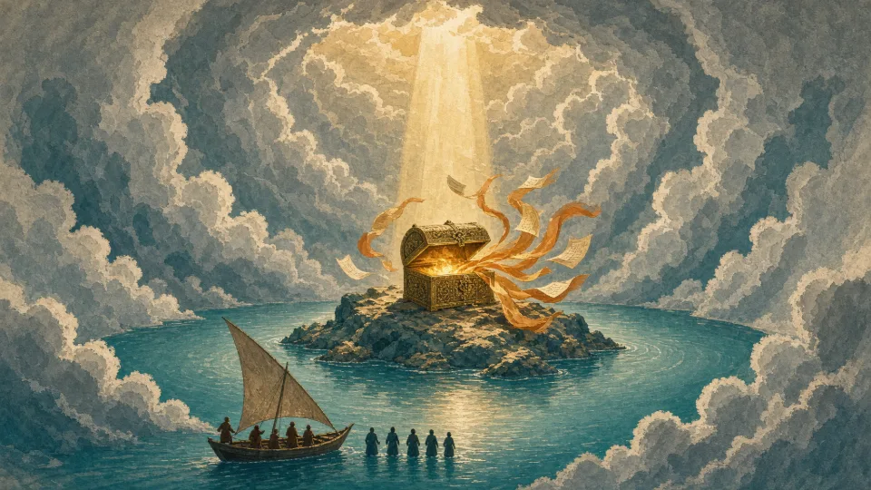 A brass chest on a rock in a calm sea ringed by storm cloud, light pouring down and pages streaming from it.